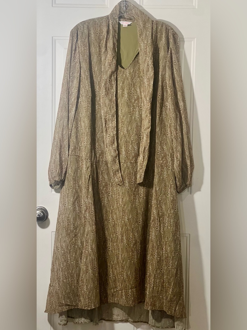 Joe Fresh Olive Green Long Sleeve Midi Dress with Tie Neck